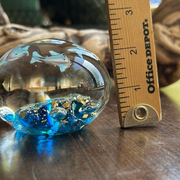 Vintage Murano Style Controlled Bubbles Dolphins w/ Gold Flakes Paperweight - Picture 9 of 9